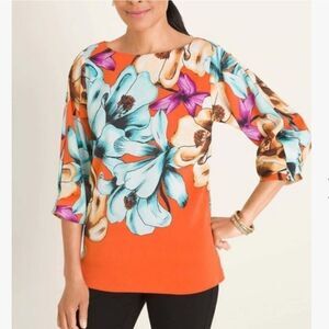 Orange Tropical Iris Long-Sleeve Top